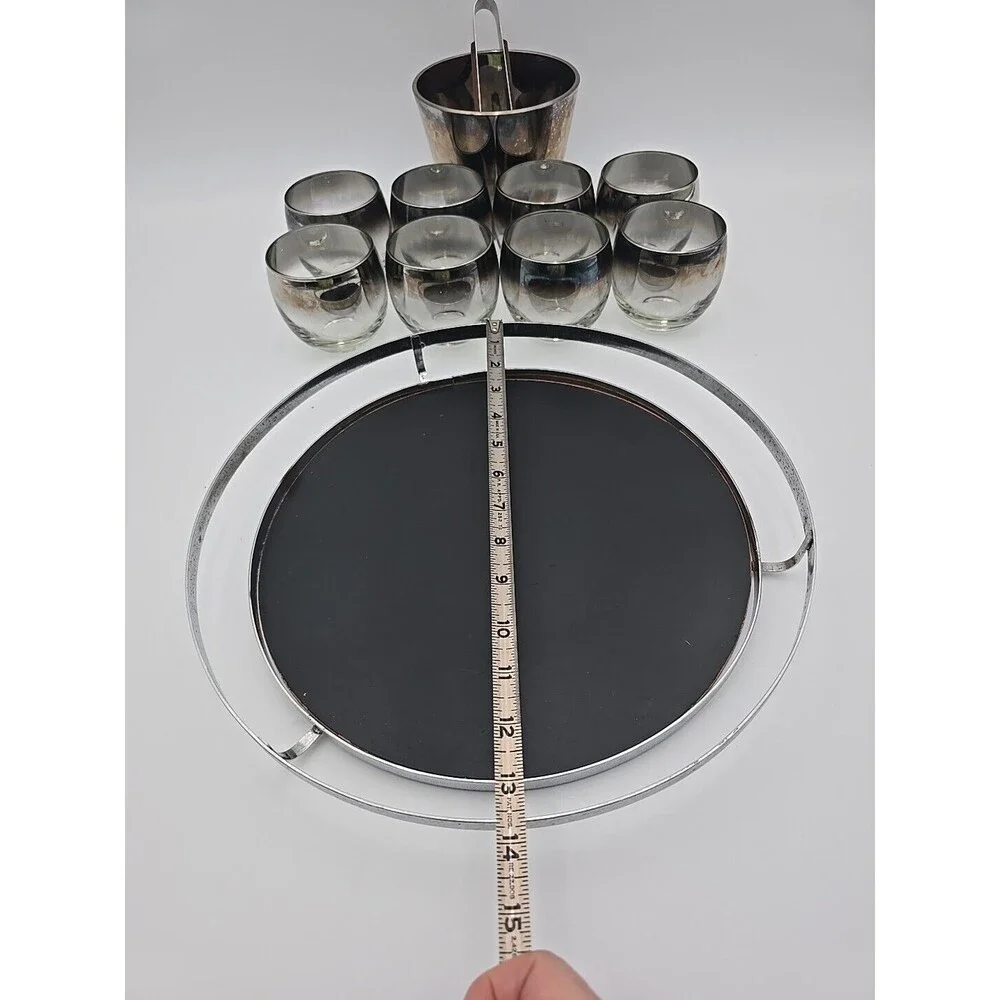 Queen's Luster Silver Fade Bar Set with Roly Poly Glasses Ice Bucket Tray Tongs